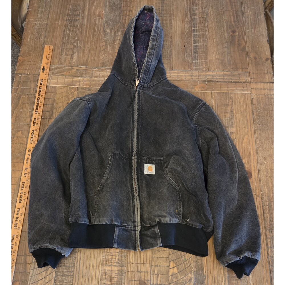 Vtg Union Made In The USA Hooded Carhartt JB6865 Black Denim Aztec Blanket Lined